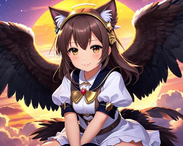 Charming Character with Cat Features Against Sunset