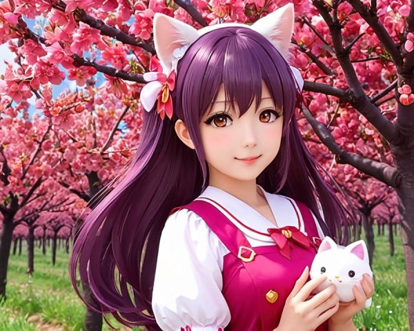 Cheerful girl in cherry blossoms with cat figurine