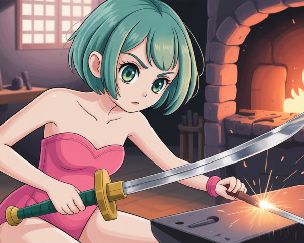 Anime-style character in blacksmith forge creating sparks