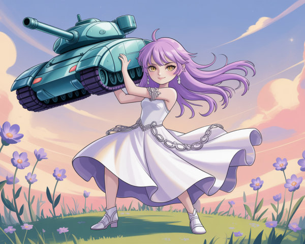 Young woman with purple hair in sunset landscape