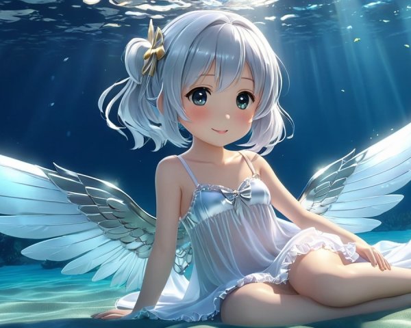 Underwater Scene with Girl in White Dress and Wings