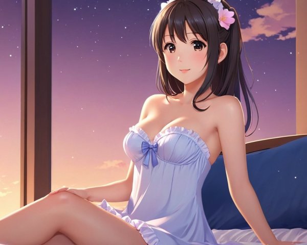 Young Woman in Light Blue Nightgown in Cozy Room