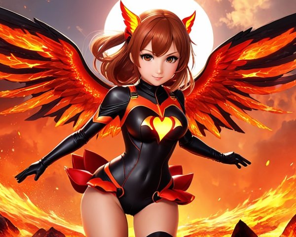 Fierce character in black and red outfit with wings