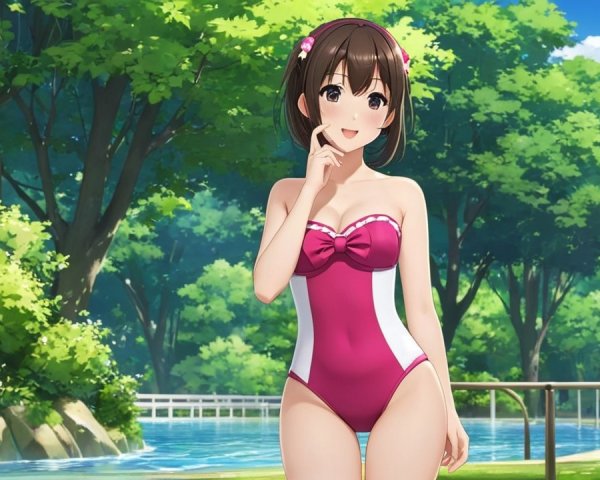 Cheerful girl in pink swimsuit by serene poolside