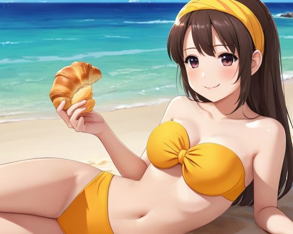 Young Woman in Yellow Bikini Relaxing on Beach