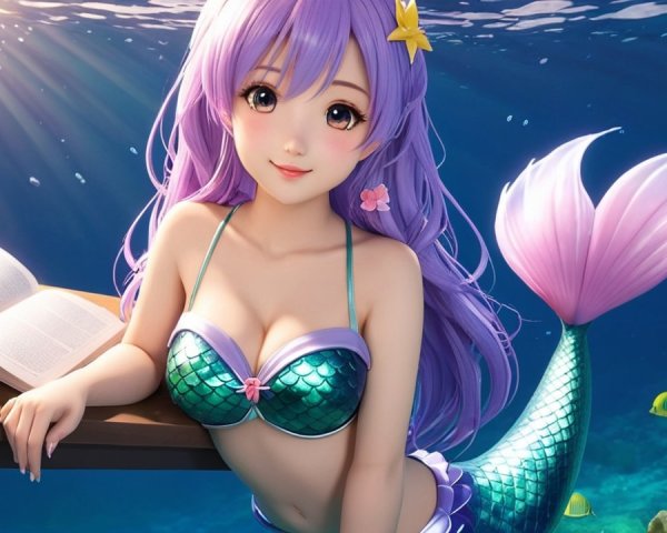 Mermaid with Teal and Purple Scales Underwater Scene