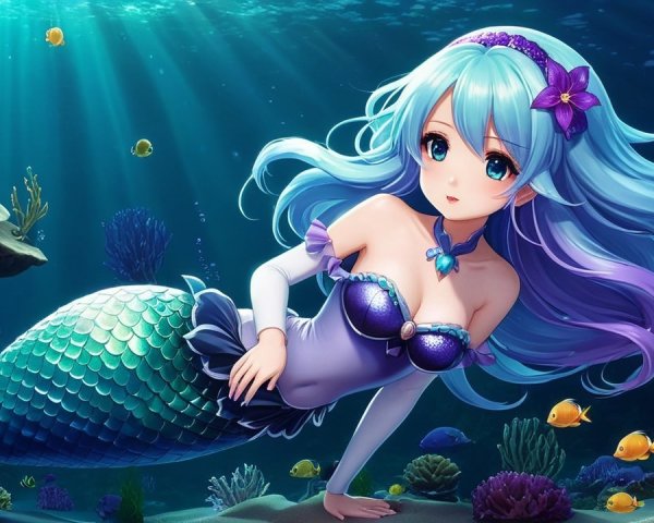 Mermaid with Aquamarine Hair in Vibrant Coral Scene