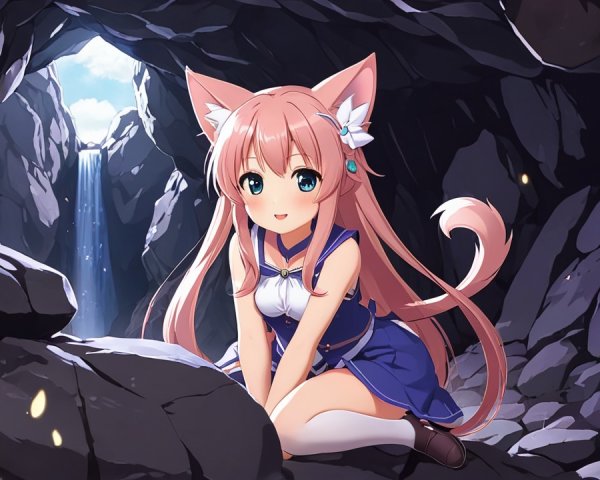 Anime girl with pink hair in a cave setting