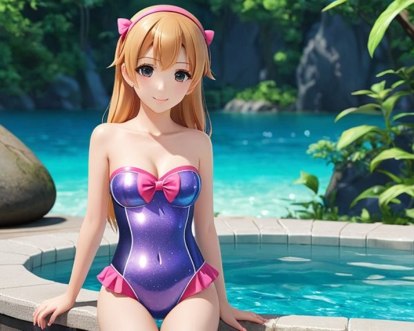 Young Female Character by Tranquil Pool in Purple Swimsuit