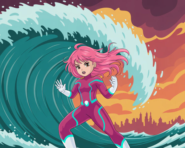 Anime Illustration of Young Woman Against Tsunami Wave