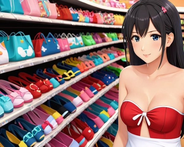 Anime Character in Colorful Shoe and Bag Store