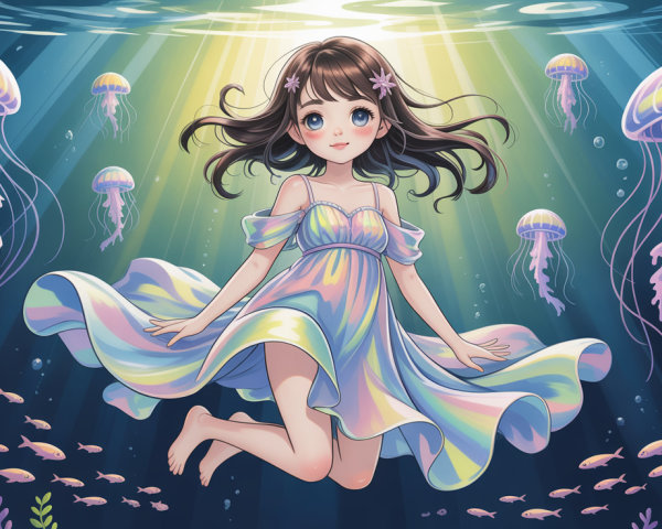 Anime Illustration of Girl Floating Underwater with Jellyfish