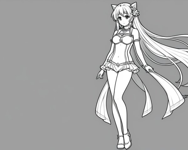 Monochromatic Character Design with Cat Ears and Ribbons