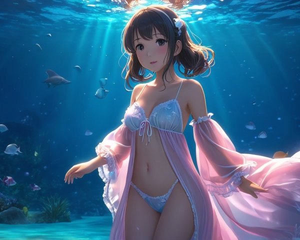 Young woman in flowing garment beneath ocean surface