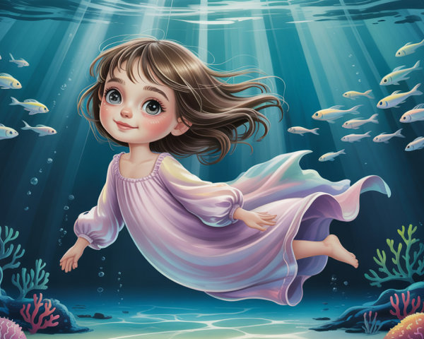Whimsical Fantasy Art of a Girl Swimming Underwater