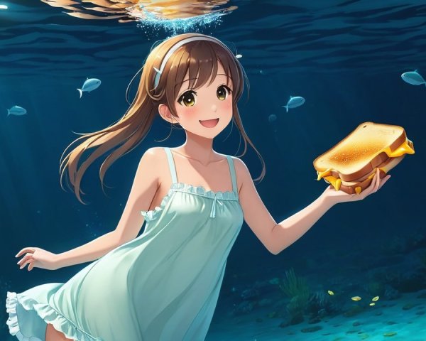 Cheerful Girl Smiling Underwater with Sandwich and Fish