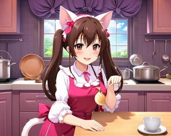 Cozy Kitchen with Cheerful Cat-Eared Character