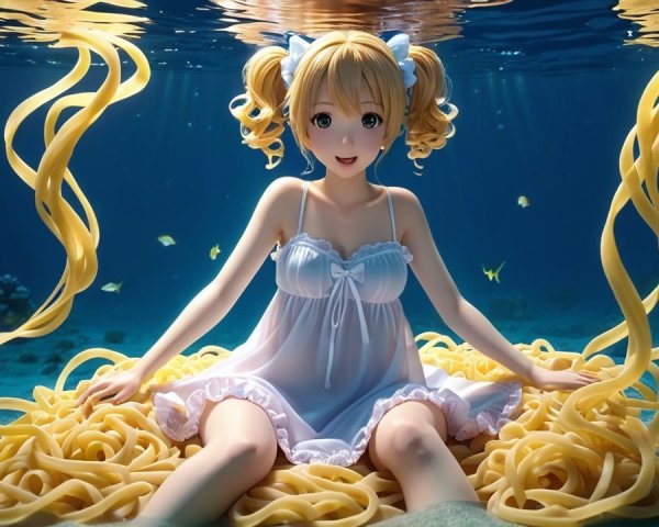 Underwater Scene with Girl Surrounded by Pasta