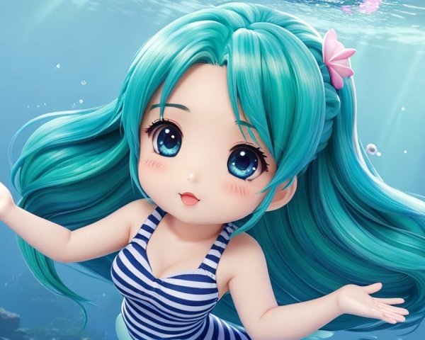 Animated character with turquoise hair in underwater scene