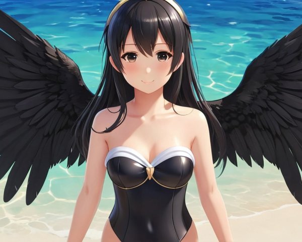 Anime Character by Shoreline with Black Wings