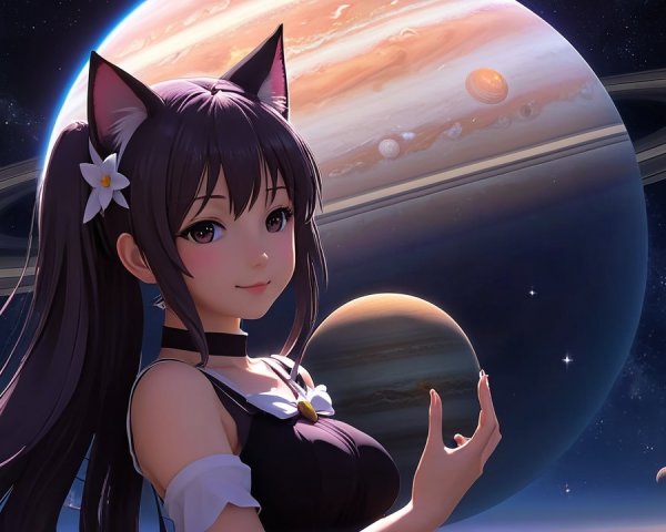 Anime Character with Cat Ears in Cosmic Setting