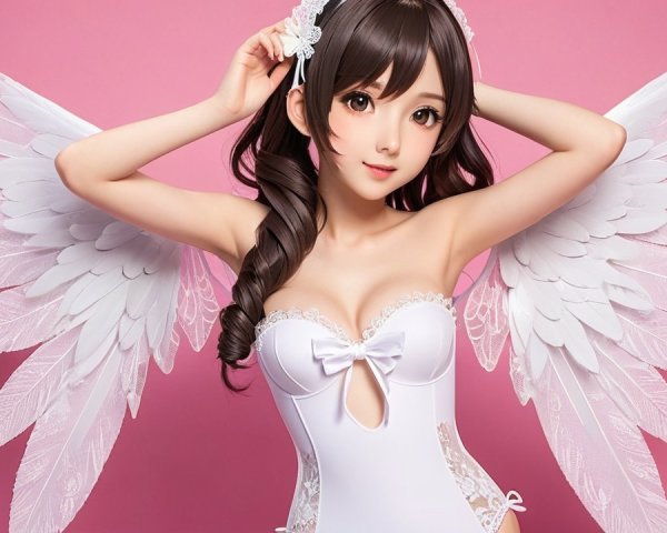 Stylized Character with White Wings on Pink Background