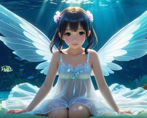 Underwater Scene with Girl and Marine Life