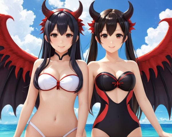 Devil-Inspired Characters at a Vibrant Beach Scene