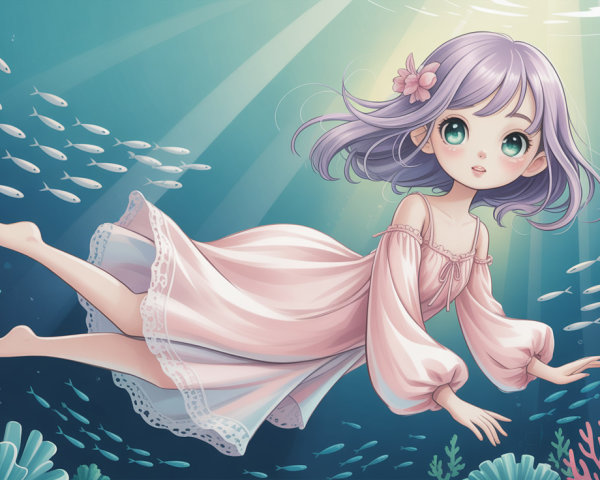 Anime artwork of a girl swimming underwater in pink dress