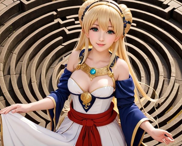 Character in Elegant Outfit in Stone Maze Setting
