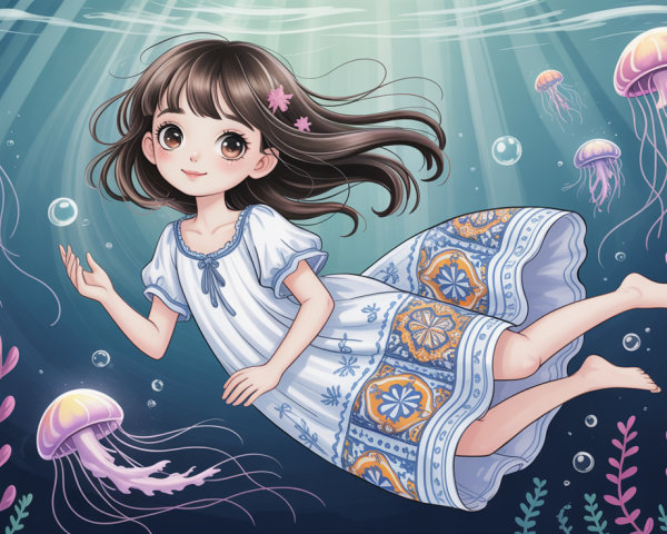 Anime-style girl floating in ocean with jellyfish