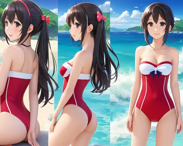 Female Character in Red Swimsuit on Sandy Beach