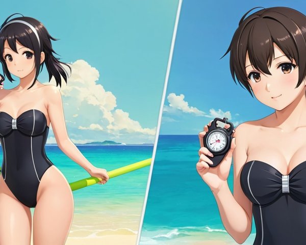 Cheerful girl in black swimsuit at vibrant beach scene