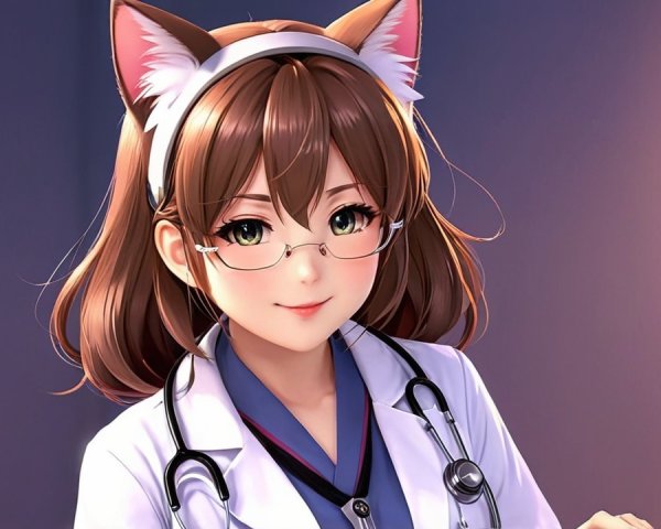 Anime-Inspired Doctor Character with Cat Ears and Glasses