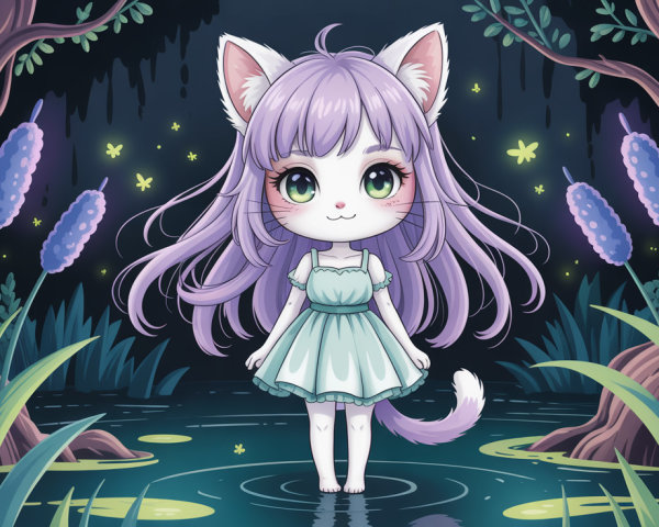Charming chibi cat girl in a mystical forest setting