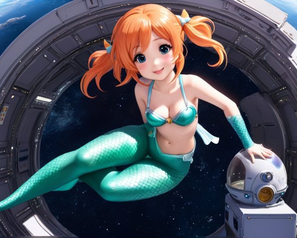 Cheerful Animated Mermaid in Futuristic Space Station