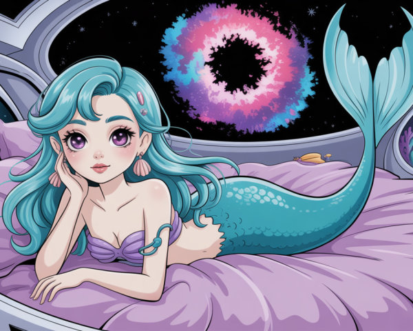 Whimsical Mermaid Illustration in Futuristic Setting