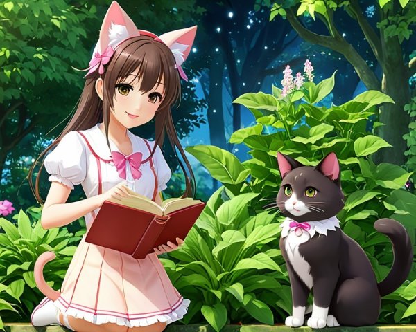 Young girl with cat ears in a vibrant garden scene