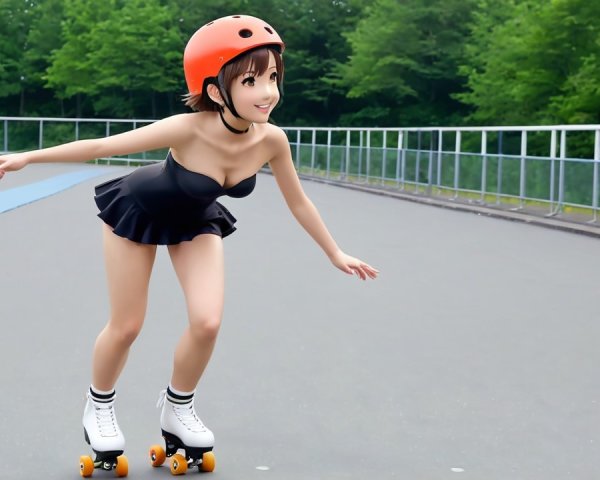 Animated Character Roller Skating in Greenery