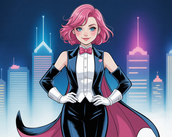 Pink-haired woman in tuxedo with neon skyscrapers backdrop