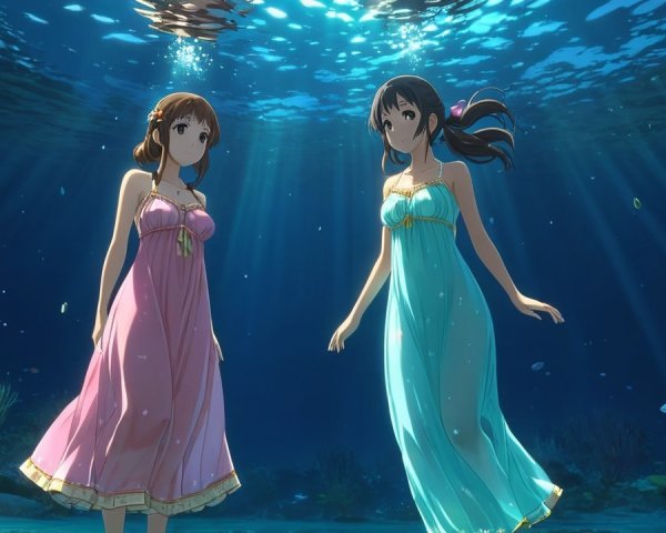 Young women swimming in vibrant underwater scene