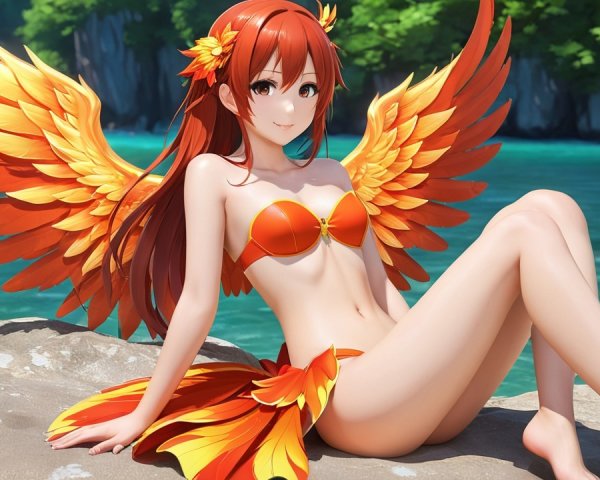 Fantasy Character with Orange Wings by a Blue Lake