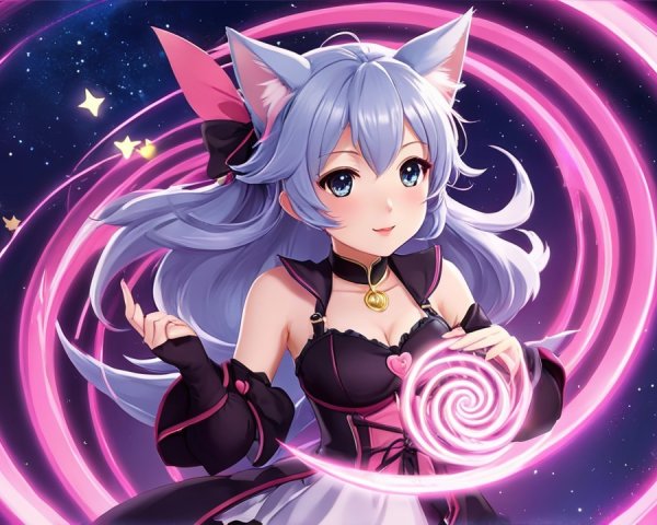 Anime girl with blue hair and cat ears in starlit scene
