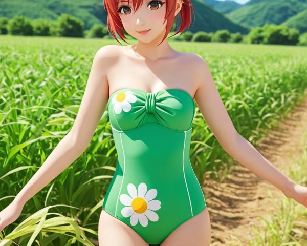 Young woman in green swimsuit with daisies outdoors