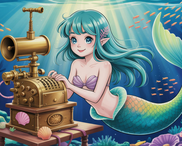 Cute anime mermaid in steampunk underwater scene