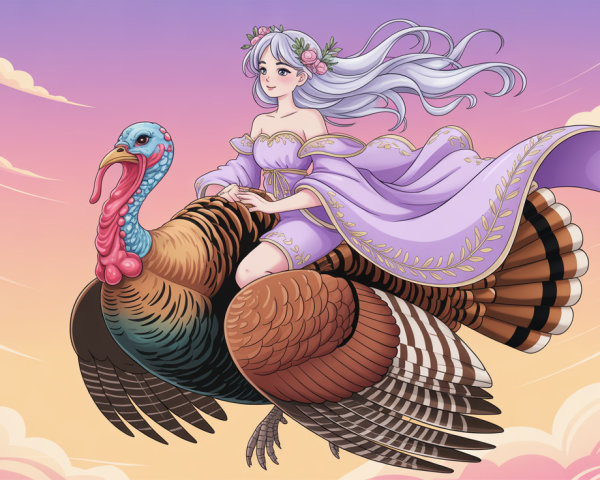 Anime Illustration of Woman Riding Colorful Turkey