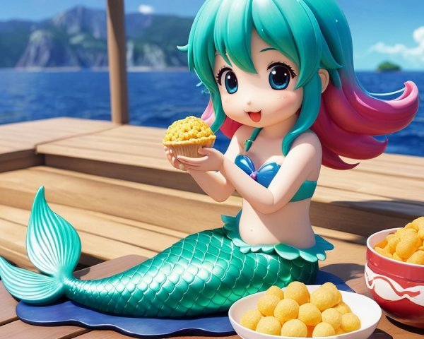 Animated mermaid with snacks by the ocean scene