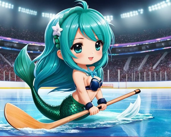 Mermaid on Ice Hockey Rink with Cheerful Expression