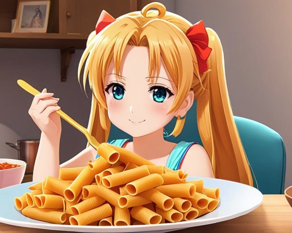Cheerful character enjoying pasta in a cozy kitchen