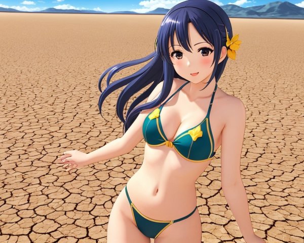 Cheerful Anime Character in Vibrant Bikini in Desert